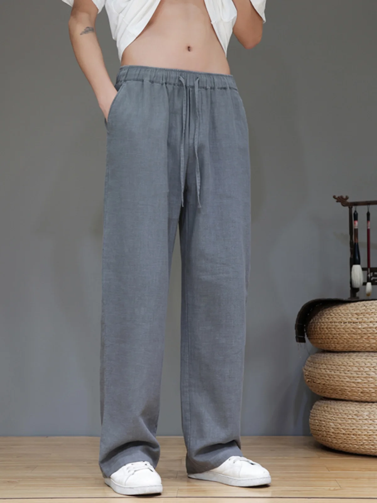 

Летние тонкие хлопковые льняные мужские брюки премиум-класса, широкие, прямого кроя, свободные, в пол, струящиеся, повседневные, дышащие