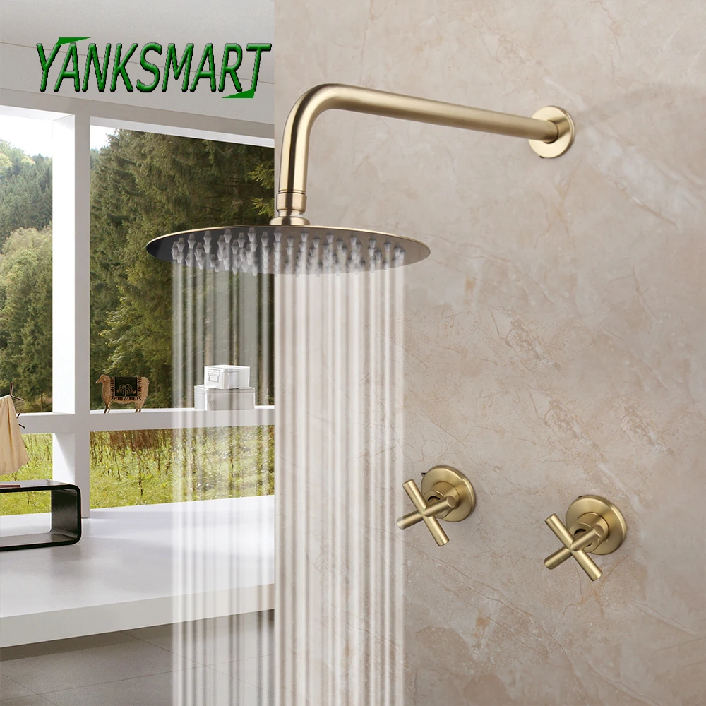 

YANKSMART 8 Inch Brushed Gold Bathtub Basin Shower Faucet Bathroom Sink Mixer Tap Rainfall Shower Faucet 2 Handles Combo Kit