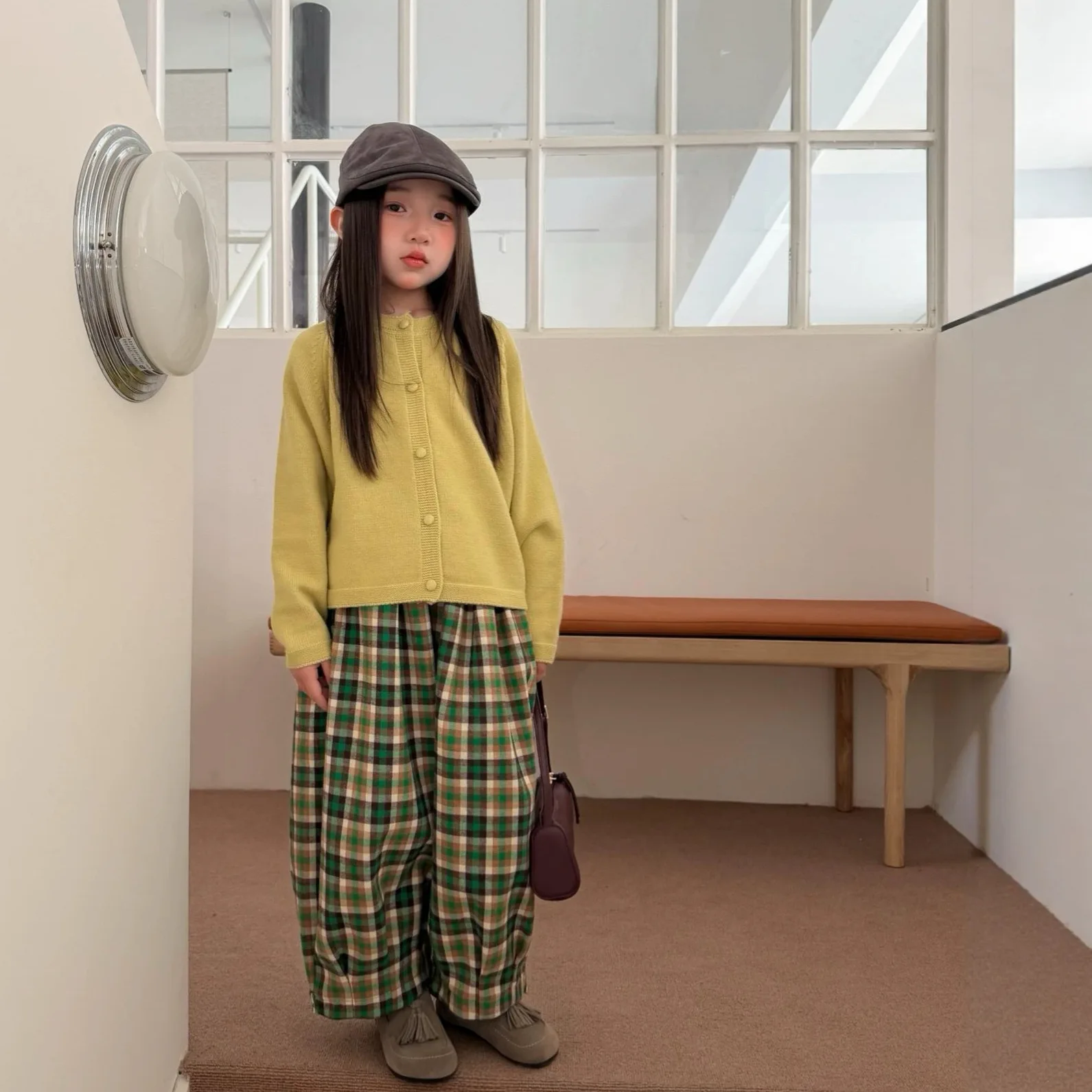 Girls Fall 2026 New Korean Simple Versatile Button Solid Sweater Cardigan Medium Large Plaid Bloomers Set