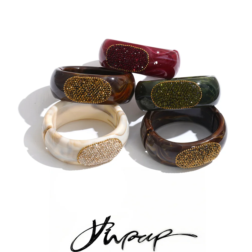 Yhpup 63mm Multi Color Resin Rheinstone Wide Bracelet Bangle Stainless Steel Autumn Winter Style Statement Jewelry