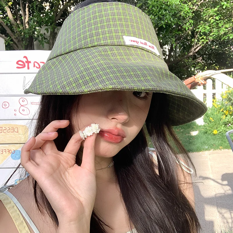 

Harajuku Small Fresh Checkered Green Foldable Big Eaves Sun Hat Outdoor Breathable Sun Protection Casual Empty Top Cap for Women