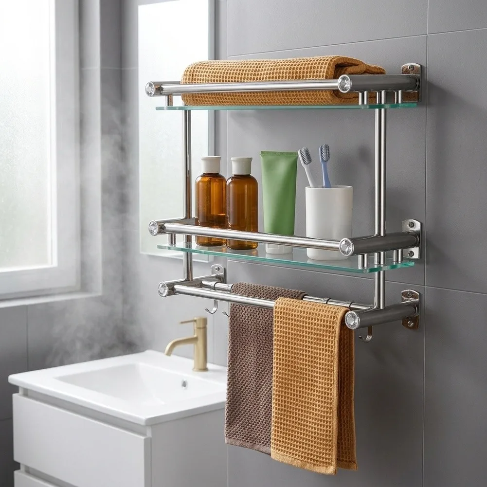For Towel Hanging Stainless Steel Organizer Wall Mounted Shelf 40*15.5*38.5cm No Drill Towel Rack Secure Placement