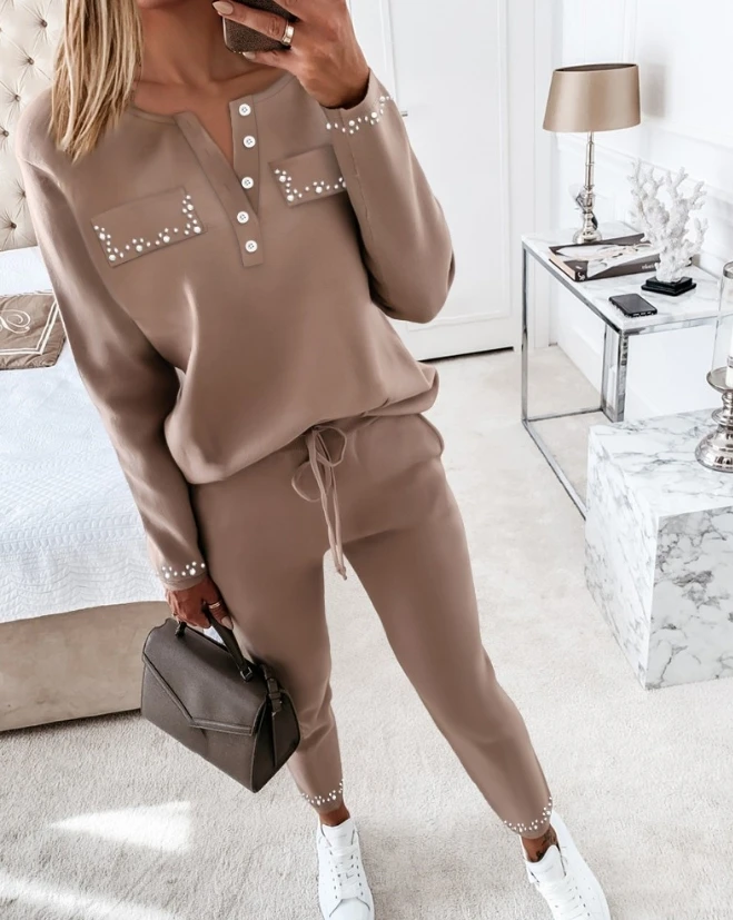 Elegant Womens Two Piece Sets Outfit Round Neck Beaded Top & Drawstring Pants Set 2023 Autumn Winter Spring New Fashion Casual