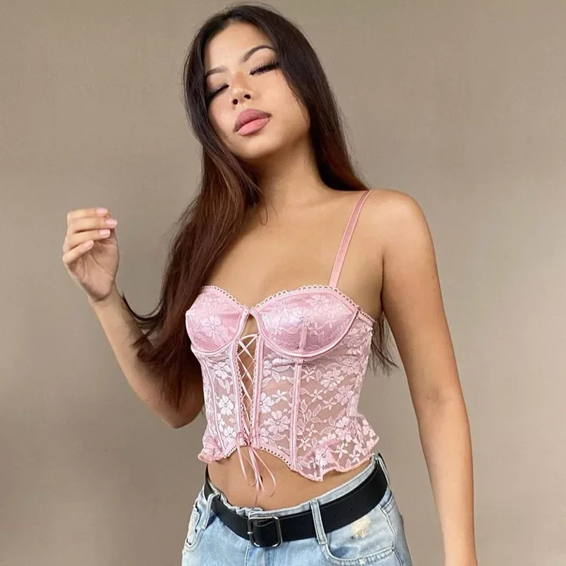 Crop Top Lace Embroidered Chest Strap Vest Sexy Hot Girl with Irregular Navel Exposed Purely for Internal Wear