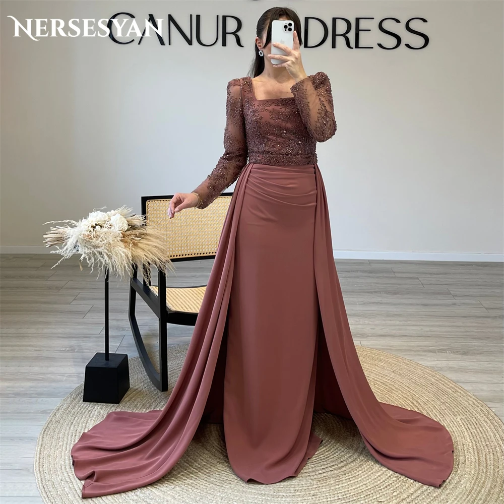 

Nersesyan Burgundy Glitter Lace Mermaid Evening Dresses Square Collar robe de soirée femme Prom Party Gowns Backless Celebrity