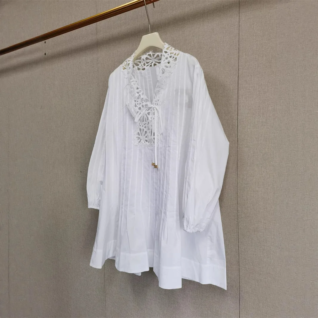 Women's White Hollow Shirt Dress Loose Elegant Ladies Mini Dress