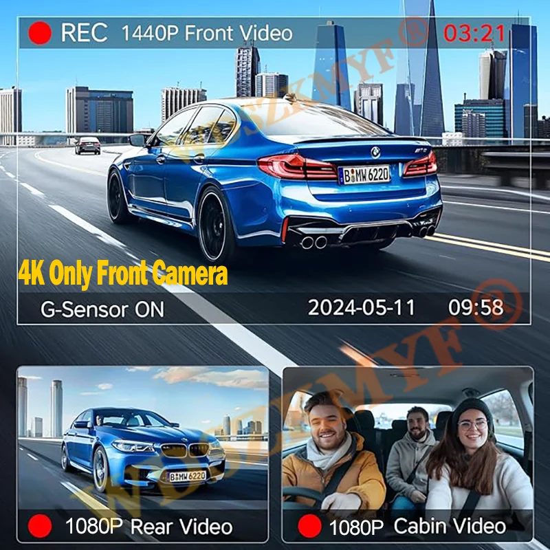 UHD 4K Dash Cam 3 Lens Driving Recorder Car DVR 1080P Rear Lens Camera Built-In WiFi GPS 24-Hour Parking Monitoring Black Box