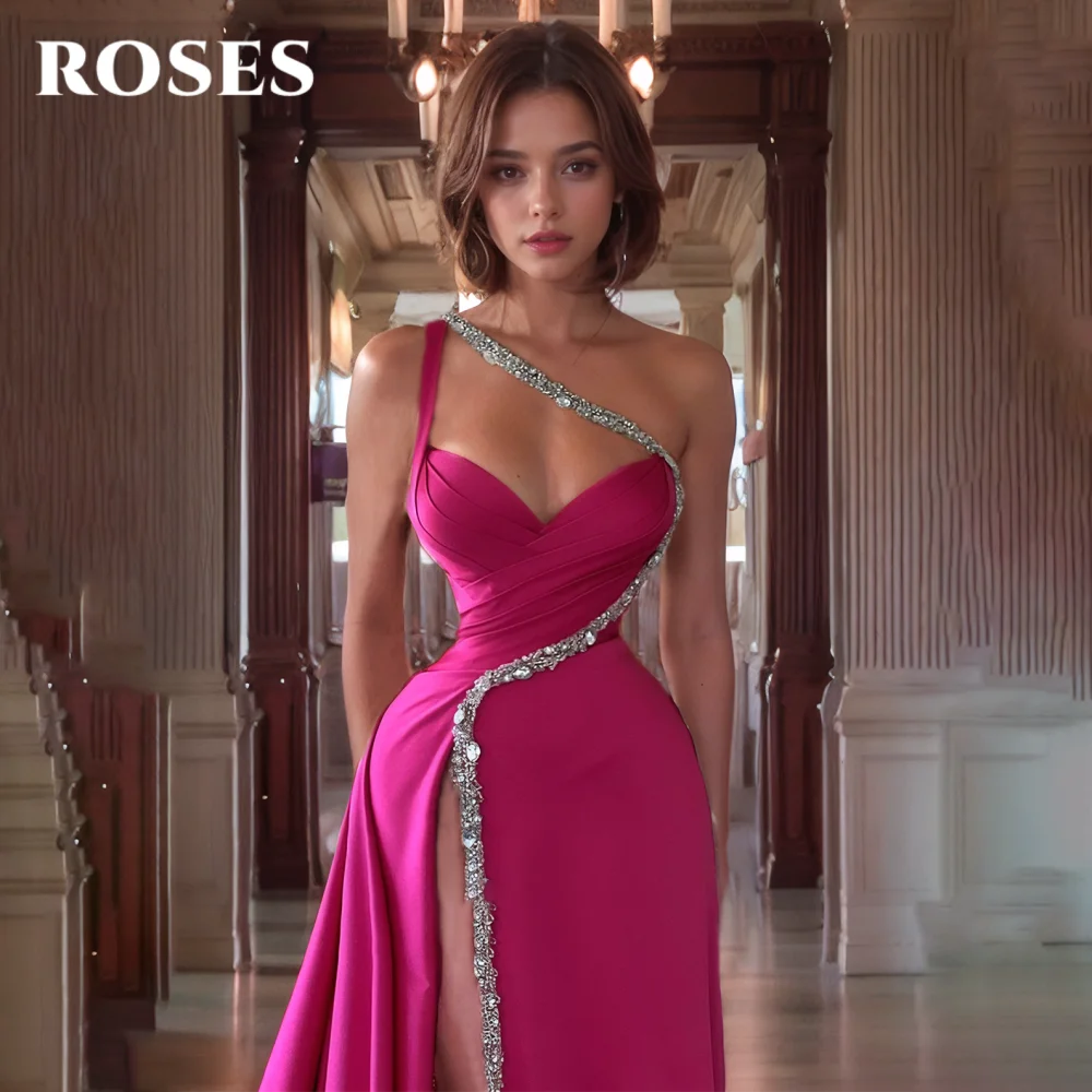 ROSES Fuchsia Elegant Evening Gown V-Neck One Shoulder Prom Dresses with Sequins Satin Side High Split Formal Gown Customized image 2