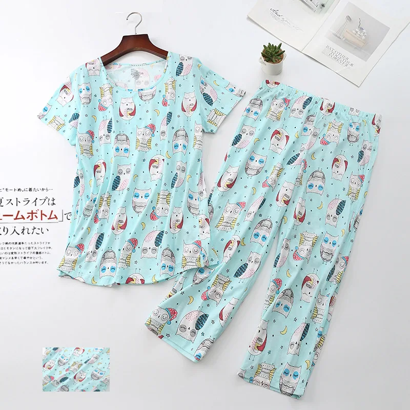 

2-Piece Cotton Pajama Set Short Sleeve T-shirt and Long Pants Sexy Summer Casual Cartoon Sleepwear Plus Size Options For Moms