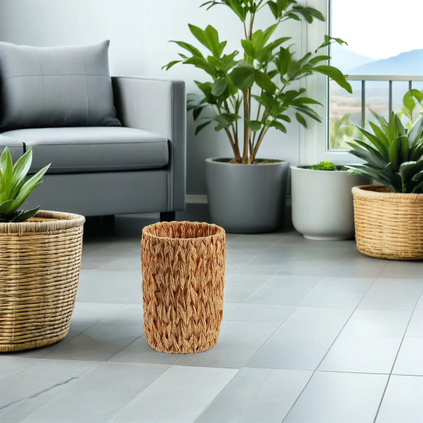 

Plastic Rattan Trash Can Handwoven Round Wastebasket Compact Decorative Garbage Bin for Office Bedroom Dorm Desk Multifunctional