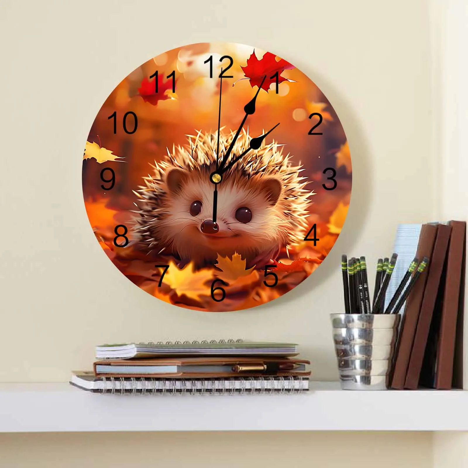 Autumn Maple Leaf Forest Hedgehog Printed Wall Clock Modern Silent Clock Living Room Home Decor Wall Hanging Watch