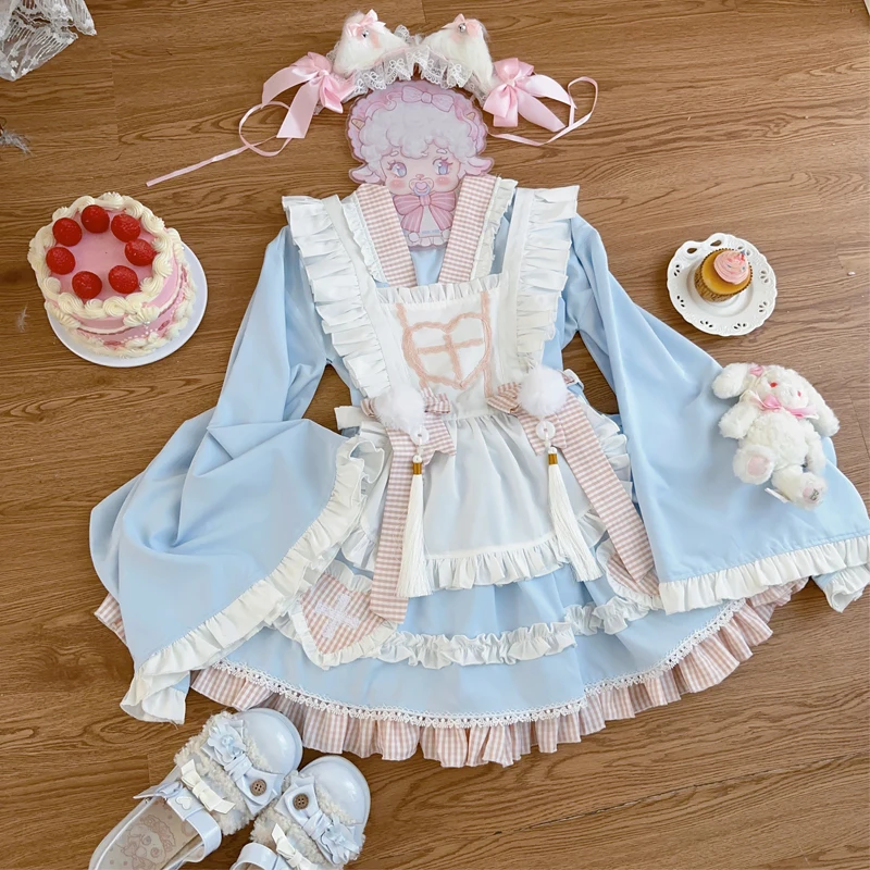 Lolita Dress Set New Spring and Summer Sweet Cute Girl Women\'s Japanese Maid Long Sleeve Top Apron and Skirt Cosplay Clothes Set