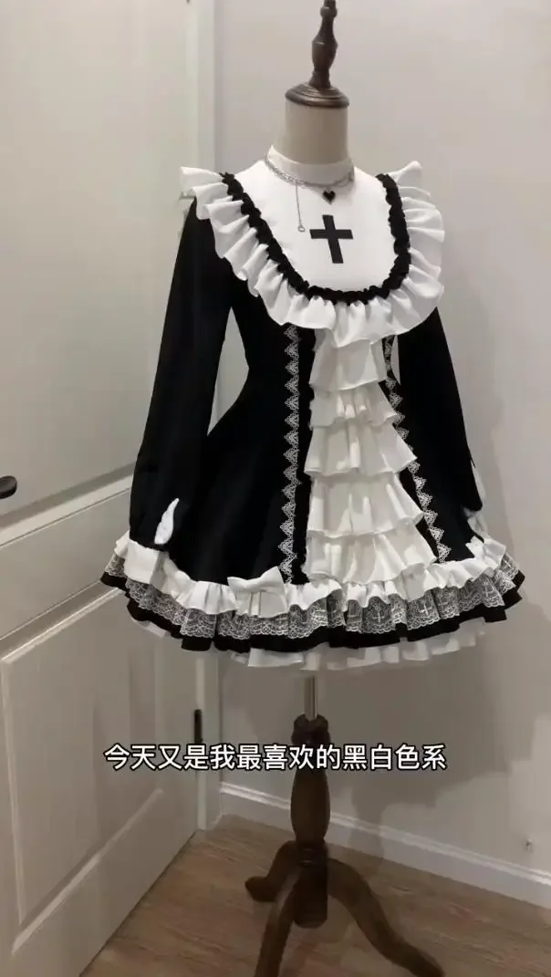 Imagem -03 - Vestido Curto Estilo Gótico Preto e Branco para Mulheres Vestido Lolita Manga Longa Doce Princesa Legal Moda Primavera Outono