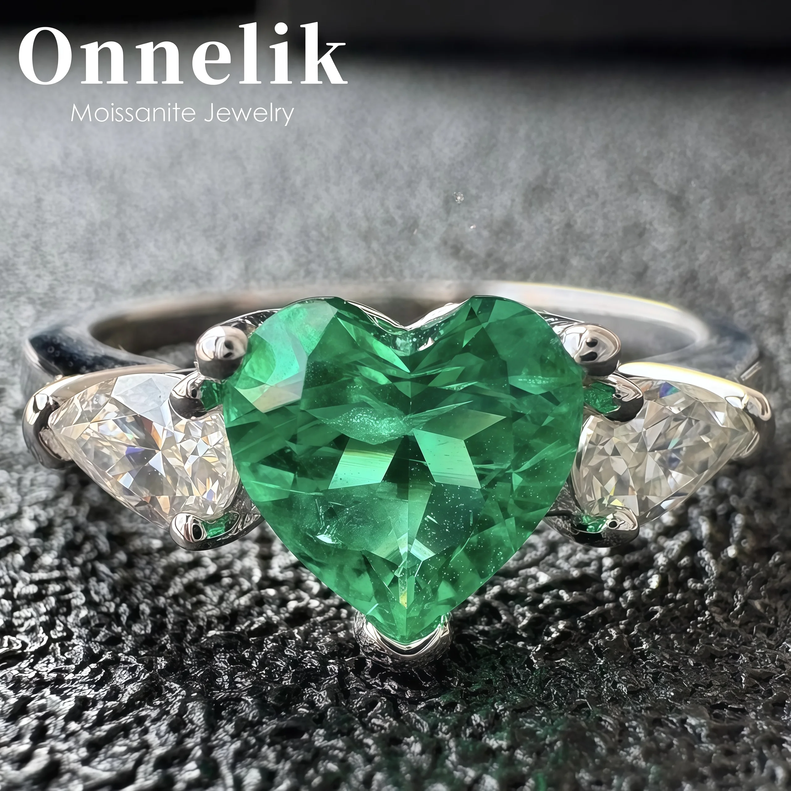 

Onnelik 1CT Heart Cut Moissanite Rings Lab Grown Colombian Emerald Ring 925 Sterling Silver Engagement Wedding Jewelry for Women