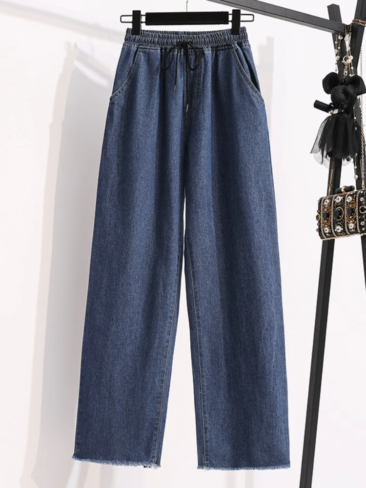 

Осенние эластичные прямые джинсы с завязками и высокой талией до щиколотки, женские широкие джинсовые брюки больших размеров, повседневные корейские брюки