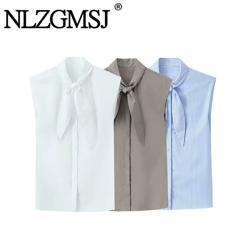 Nlzgmsj 2026 Sommer Damen Vintage Bluse mit Schleifenkragen Ärmellos Knopfleiste Lässiges Büro-Arbeitshemd