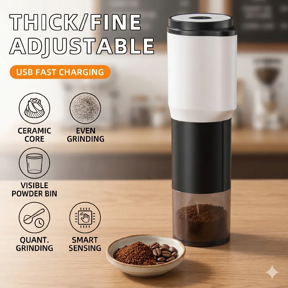 Molinillo de Café Eléctrico Portátil, Muelas Cónicas de Cerámica, Recargable por USB, Ajustable, Automático, para Espresso, Goteo, Viajes y Hogar