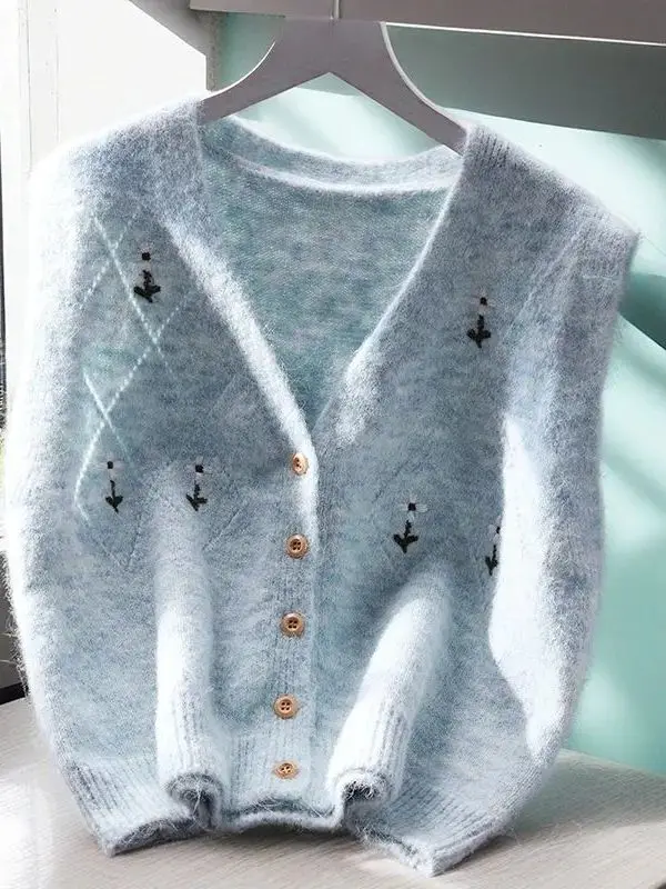 Elegant Embroidered Flower Knitted Vest Women's Open Cardigan Spring Autumn New Style Layering Sweater Vest Fashionable