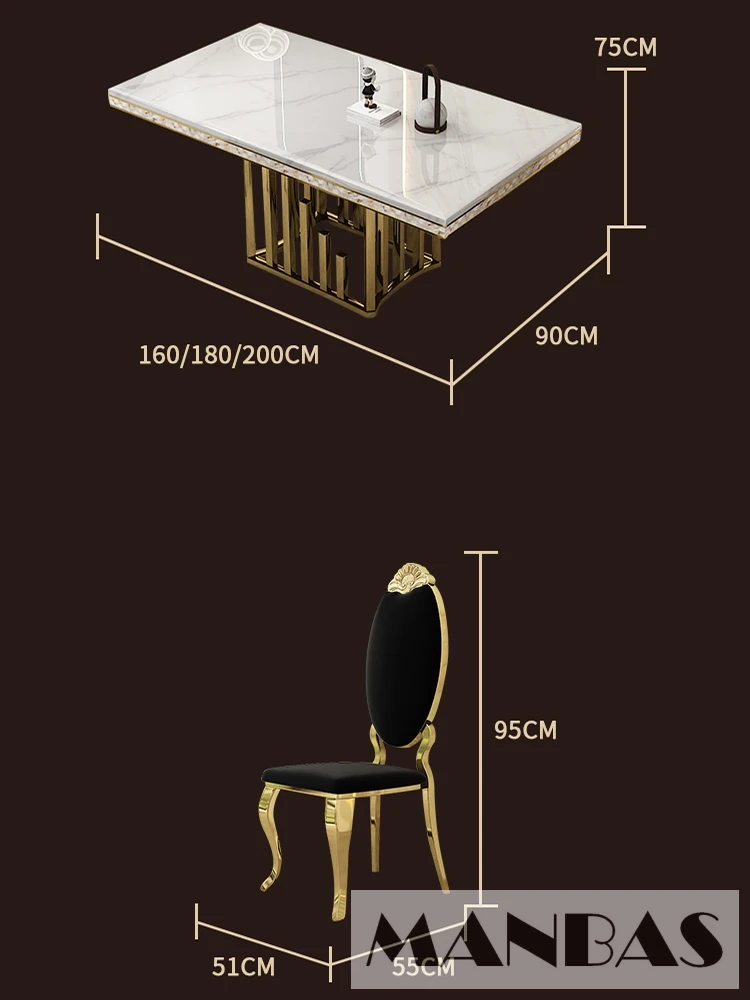 Luksusowy zestaw do jadalni: 8 krzeseł MINGDIBAO z prawdziwej skóry ze stali nierdzewnej i prostokątny stół wykonany w marmurze i muszlach morskiej