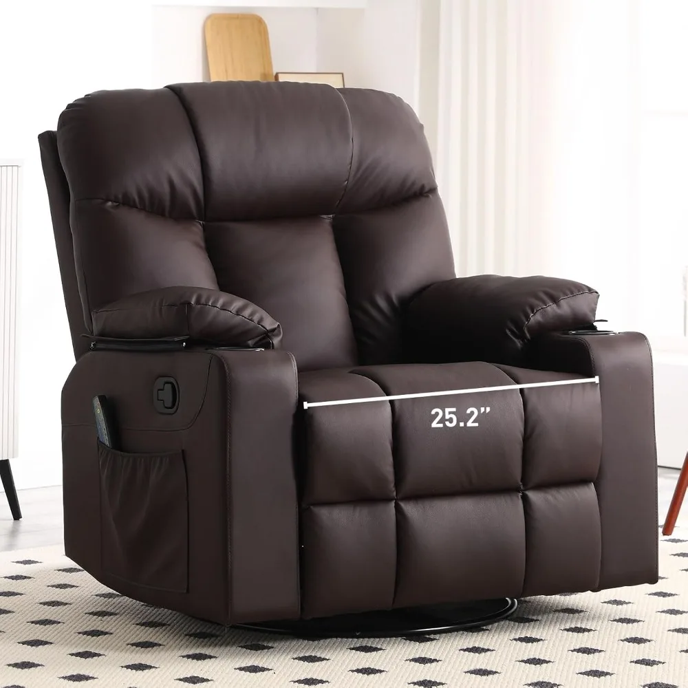 

40" Oversized Swivel Rocker Recliner with Heat & Massage, PU Leather Single Sofa, 2 Cup Holders