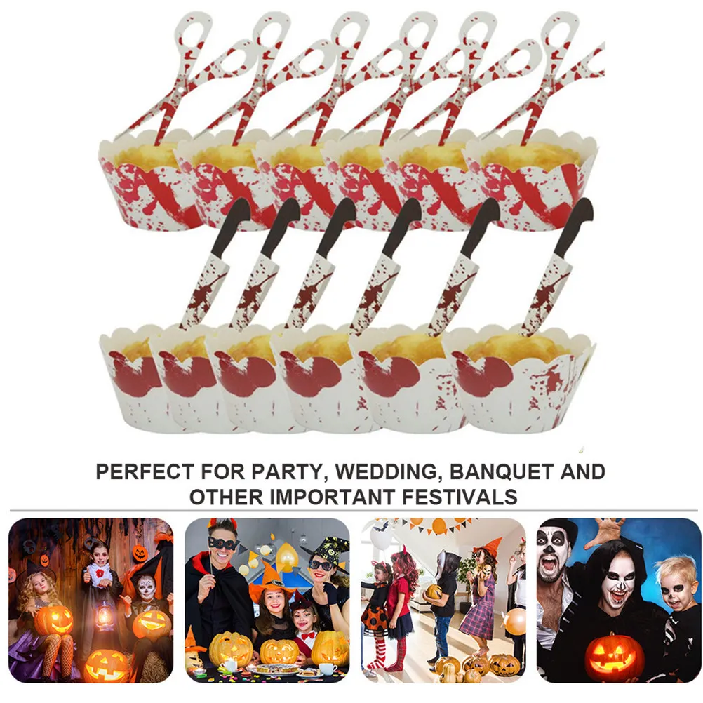 12Sets Halloween Cake Insert Card Blood Handprint Design Creative Cake Decor Cupcake Rim Perfect for Party Baking Kitchen Use