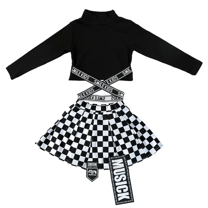 Traje de Dança da menina com Mock Neck, Top Colheita Cruzada, Camiseta de Manga Longa, Streetwear, Roupa de Saia Quadriculada, Kpop Hip Hop Vestuário Infantil