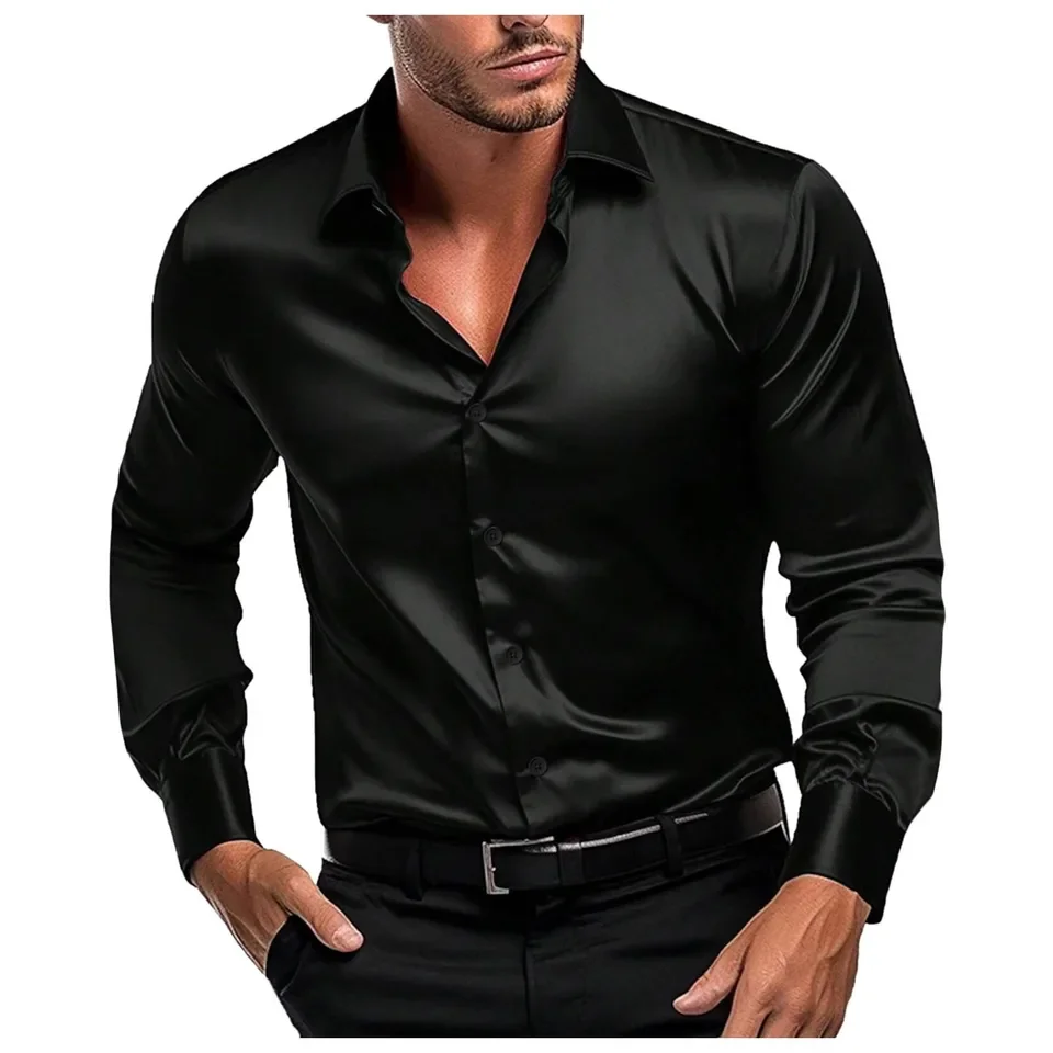

2024 New Summer Men'S Shirt Long Sleeve Shirt Holiday Evening Dress Top T-Shirt Silk Red Golden Party Ceremony Male Top