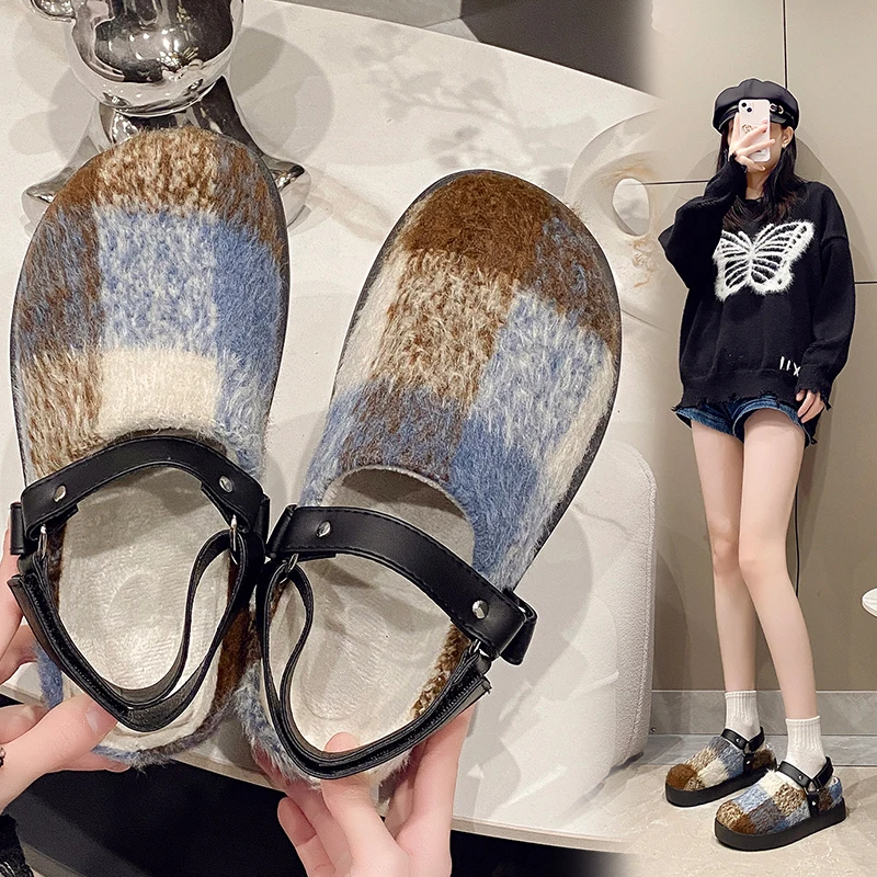 

Модные тапочки без шнуровки на толстой подошве в стиле ретро, обувь высокого качества на флисовой подкладке, элегантная индивидуальная новая стильная уличная одежда