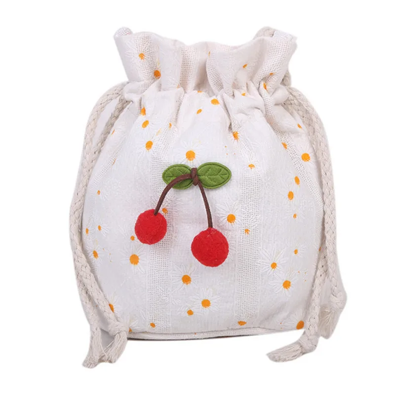 Fashion Canvas Cherry Bucket Shoulder Bag Simple Casual Polka Dots Small Crossbody Bag Purse