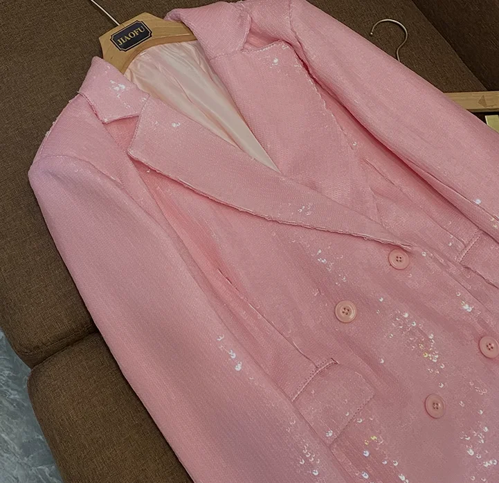 Blazer solido moda donna doppiopetto a maniche lunghe con paillettes brillanti di alta qualità