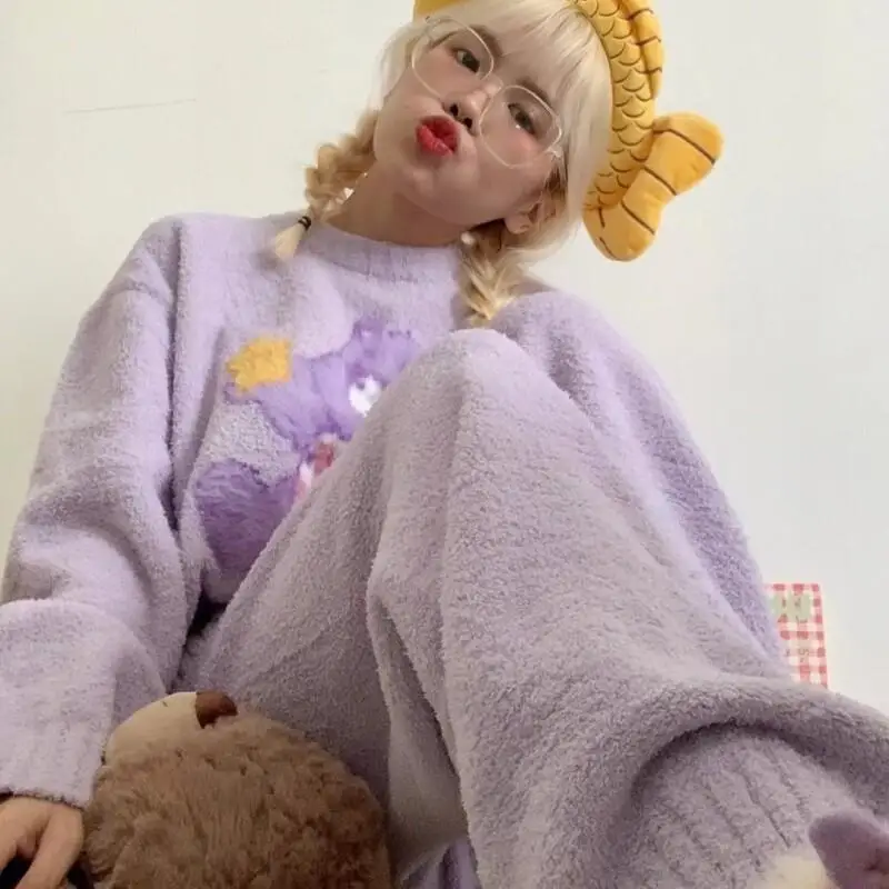 Pijamas de mujer de Corea del Sur, ropa de dormir dulce de dibujos animados, forro polar coral para otoño e invierno, traje grueso para mantener el calor