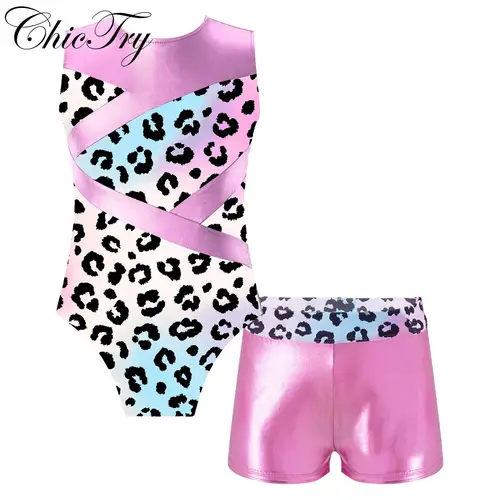 Conjuntos de baile de Ballet para niñas, trajes de entrenamiento de gimnasia deportiva, leotardo estampado sin mangas con pantalones cortos para trajes de baile escenario