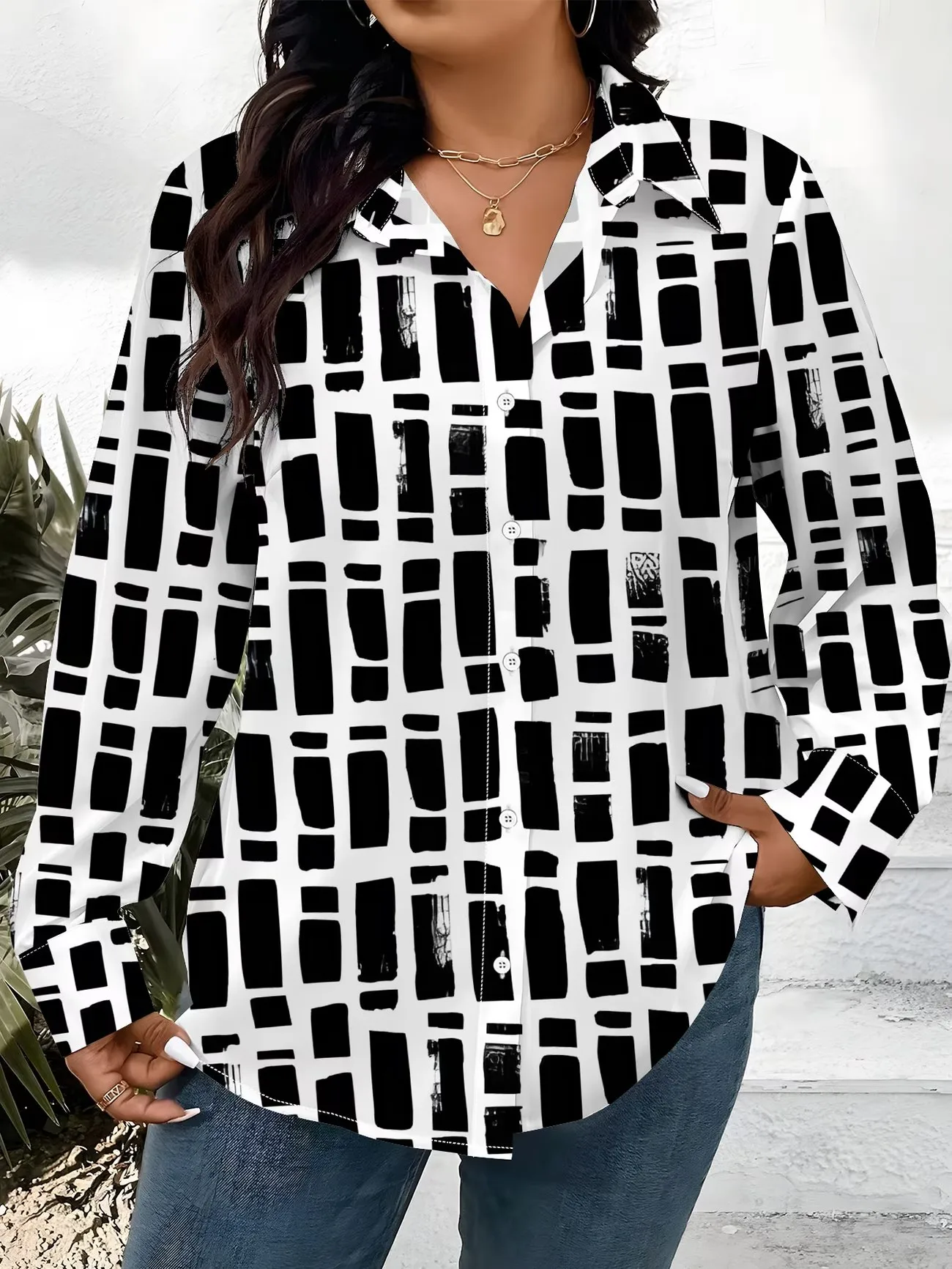 Ladies Long Sleeve Turn-down Collar Printed Shirt 3D Colorful Stripes Plaid Pattern Women's Spring Summer Fashion Blouse