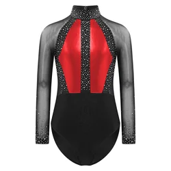 Kids Girls Shiny Rhinestones Rhythmic Gymnastics Figure Skating Costume Ballet Jersey Long Sleeve Unitards Biketards Jumpsuit