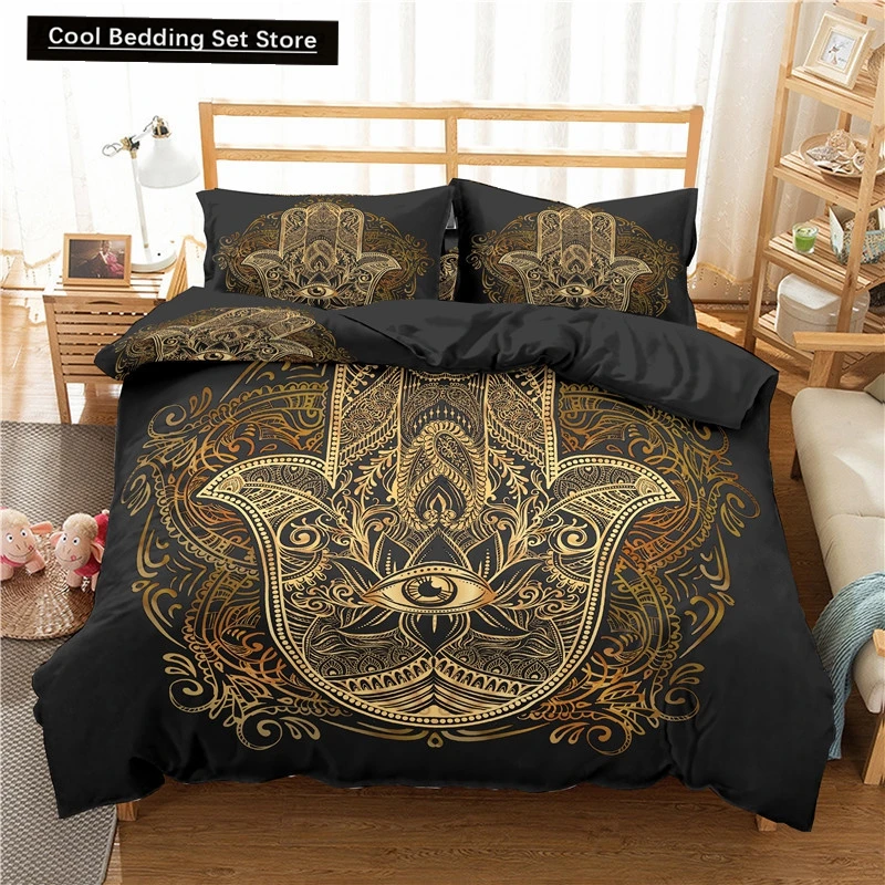 Hamsa Hand King Queen Duvet Cover Gold Lucky Hand of Fatima Bedding Set Black Boho Quilt Cover Hippie Polyester Comforter Cover