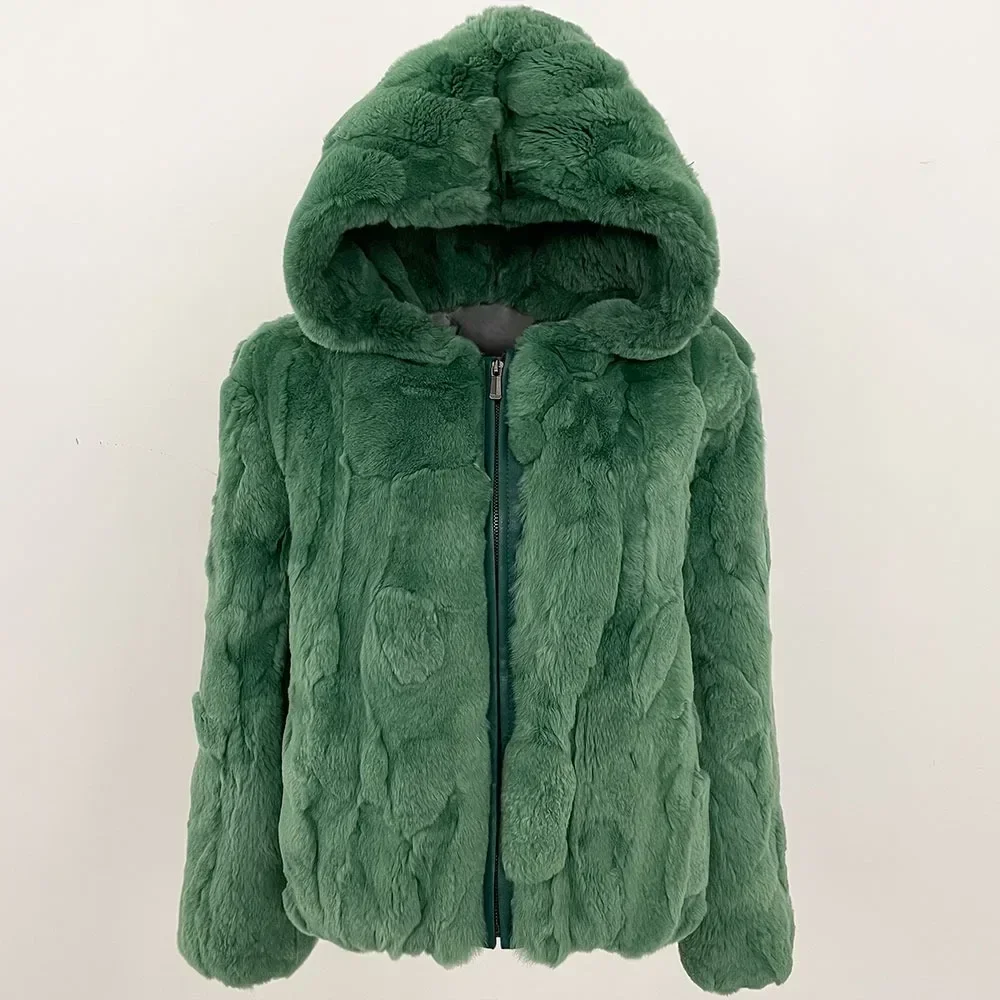 

Hooded Real Rabbit Fur Jacket Warm Women 2025 New European Fashion Female Winter Natural Rabbit Fur Coat Zipper Fur Coat Lady
