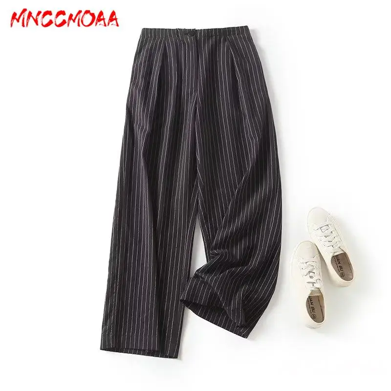 

MNCCMOAA 2024 Women Fashion Pleats Striped Elastic Waist Straight Pants Female Casual Loose Commute Trousers