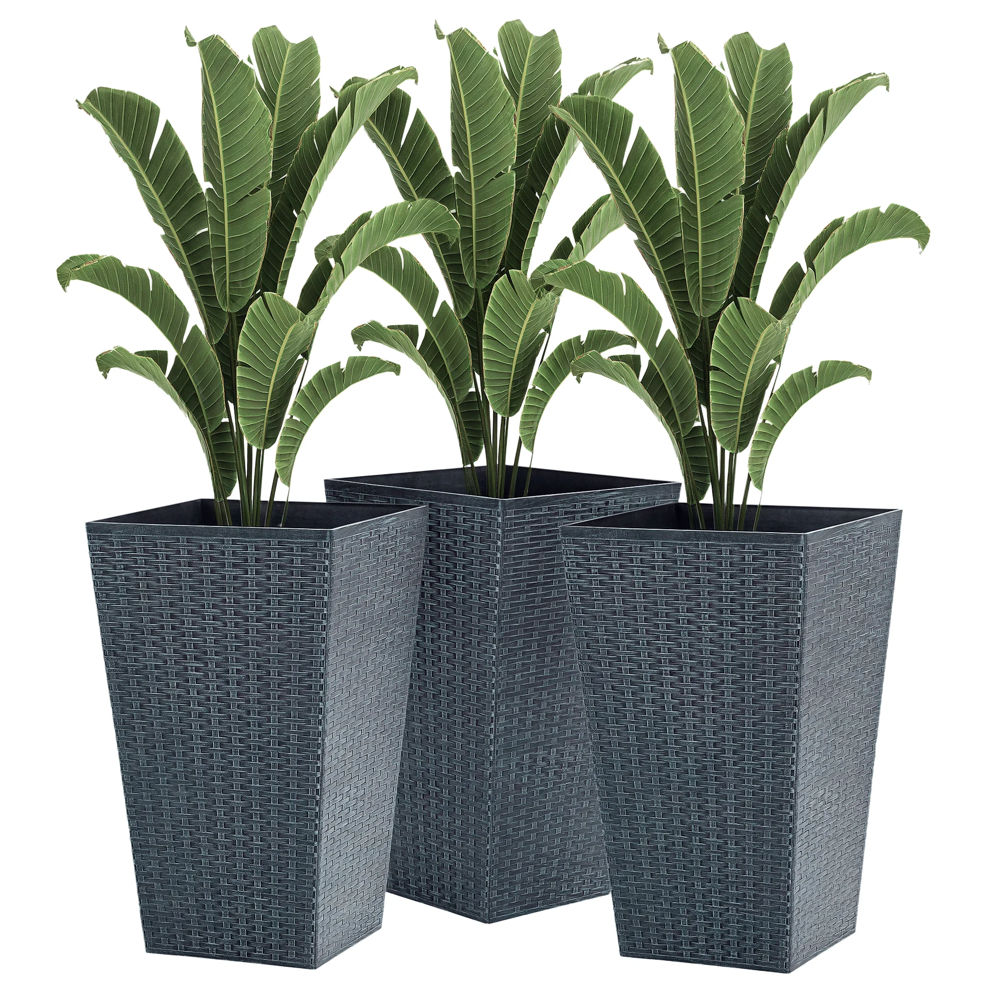 

For Outsunny Rattan-Style Plastic Planters with Drainage Holes, Set of 3 - 24 Inch Height, Grey