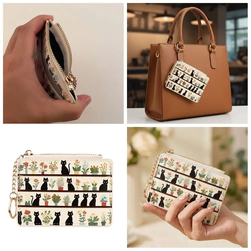 Wear-resistant Card Holder PU Leather with Smooth Zipper Cosure Zipper Coin Purse Cat Print with Keychain Multi-Card Slot Wallet
