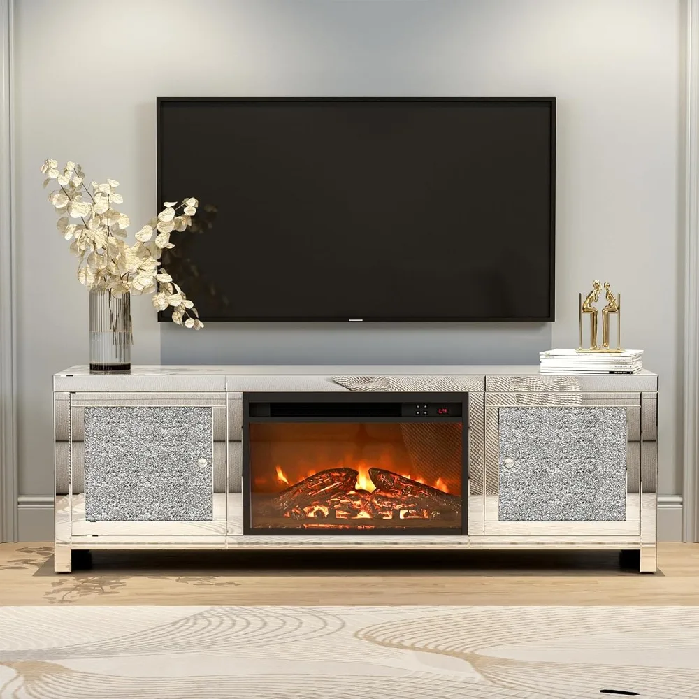 Mirrored TV Stand with Fireplace, Silver TV Stand for 65+ Inch TV, Electric Fireplace with LED, Mirrored Entertainment Center