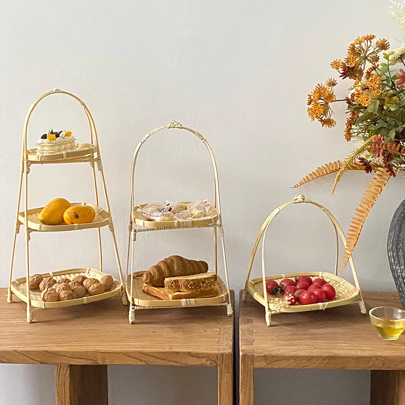 1/2/3 Layer Handwoven Fruit Basket Food Standing Tray Bread Snack Dessert Bamboo Serving Tray Home Kitchen Storage Basket