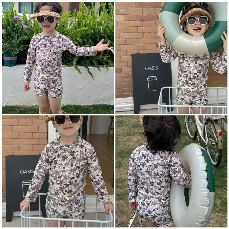 New Summer Kids Boys Swimwear Long Sleeved Sunscreen Split Swimsuit Children\'s Quick Drying Baby Beach Swimming Clothing H8135