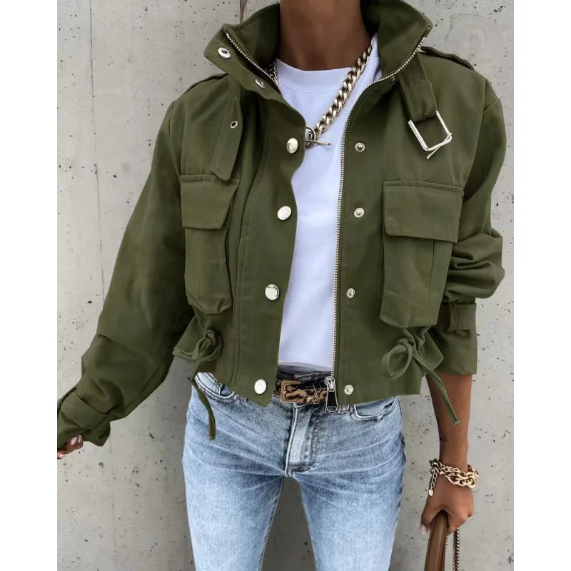 Women's High Neck Print Jacket Short Casual Long Sleeved Zipper Single Breasted Autumn Winter Fashion for Small Sizes
