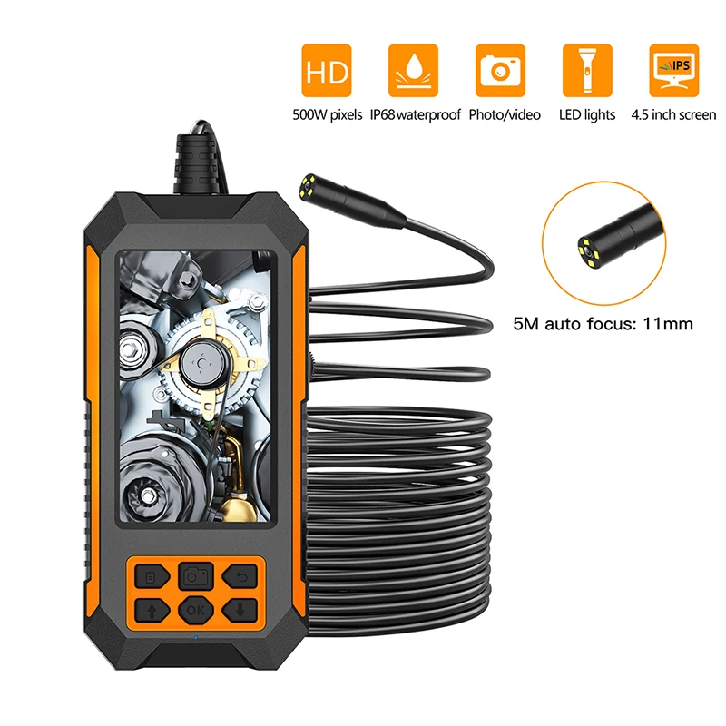 

Эндоскоп с автофокусом и экраном 4,5 дюйма, промышленная камера для осмотра бороскопа с автофокусом и полужестким кабелем для автомобиля