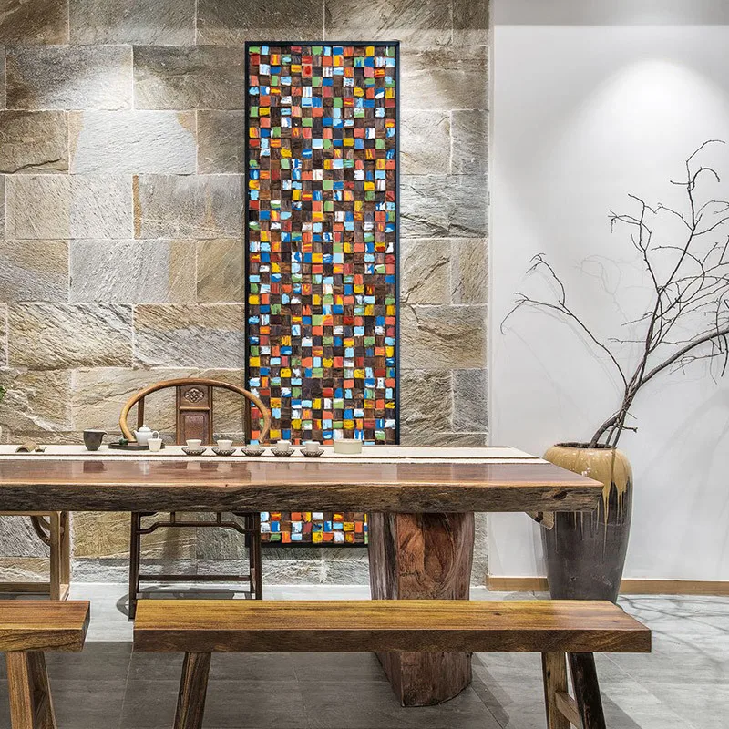 

Wood block mosaic TV background wall living room sofa bedroom bedside decorative painting light luxury three-dimensional