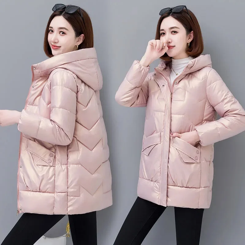 

Wash-Free Glossy Cotton-Padded Jacket Women's 2025 Winter New Korean Warm Down Cotton Coat Parkas Long Outwear Hooded Overwear