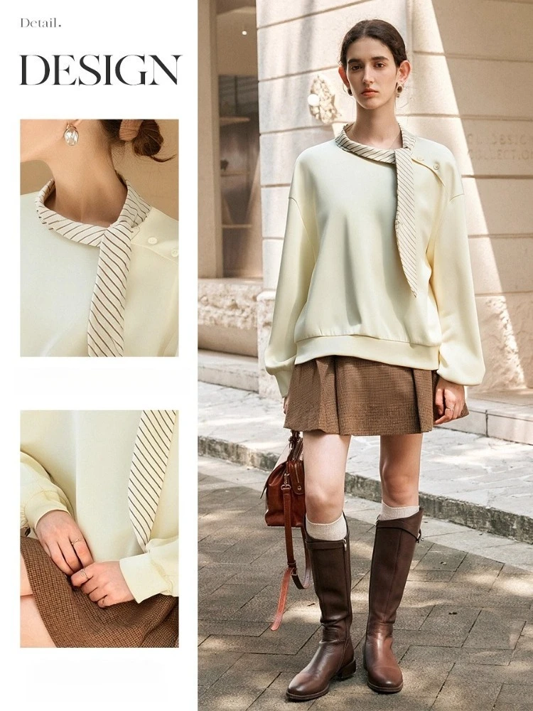 OLrain Women's Sweatshirts Solid Tie-collar Long Sleeve Pullovers 2025 Autumn New in French Style Female Clothing M57QR000169