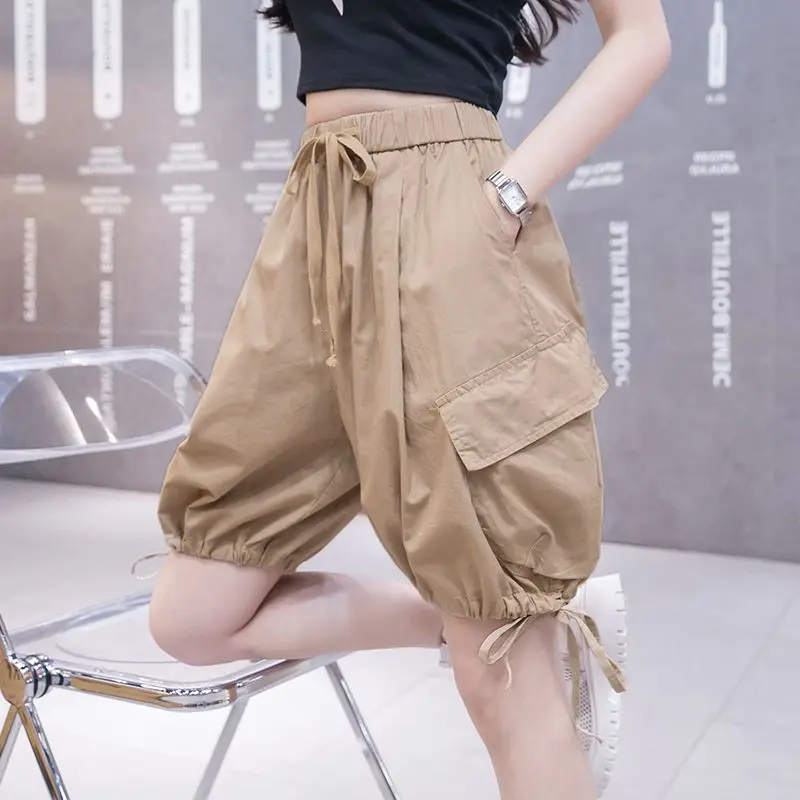 Women Summer Thin Simplicity Loose Pocket Solid Color High Waist Cargo Women Clothes Casual All-match Appear Thin Quarter Shorts