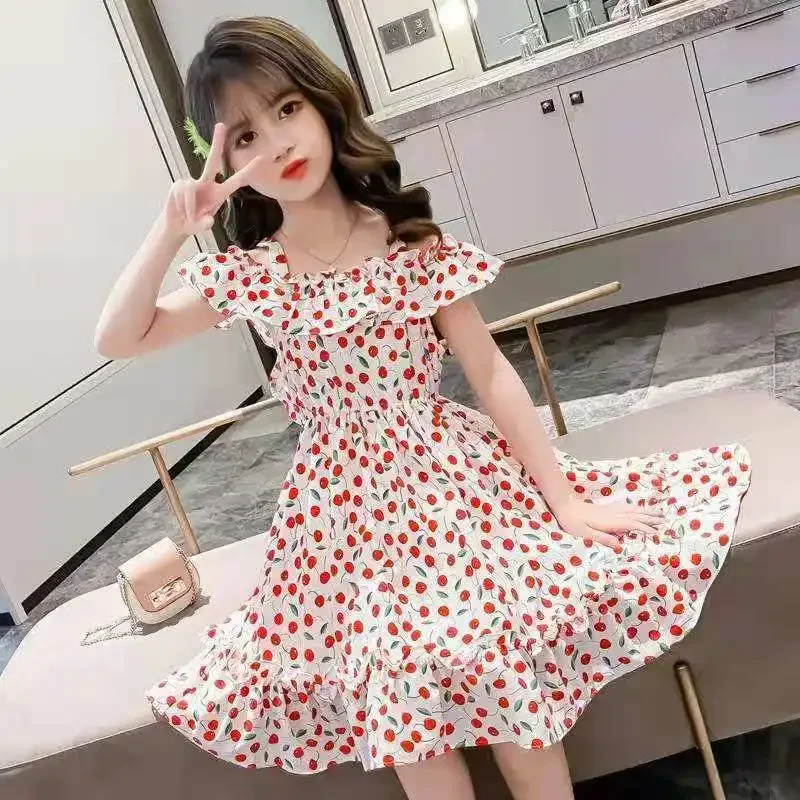 Girls Dresses Summer Flying-Sleeve Printed Sleeveless Party Ball Princess Dress Cute Kid Printed Fruit Pattern Children Clothing