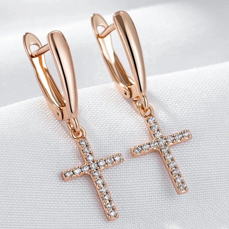 Wbmqda Simple Cross Drop Earrings For Women 585 Rose Gold Color With Natural Zircon High Quality Daily Jewelry Accessories